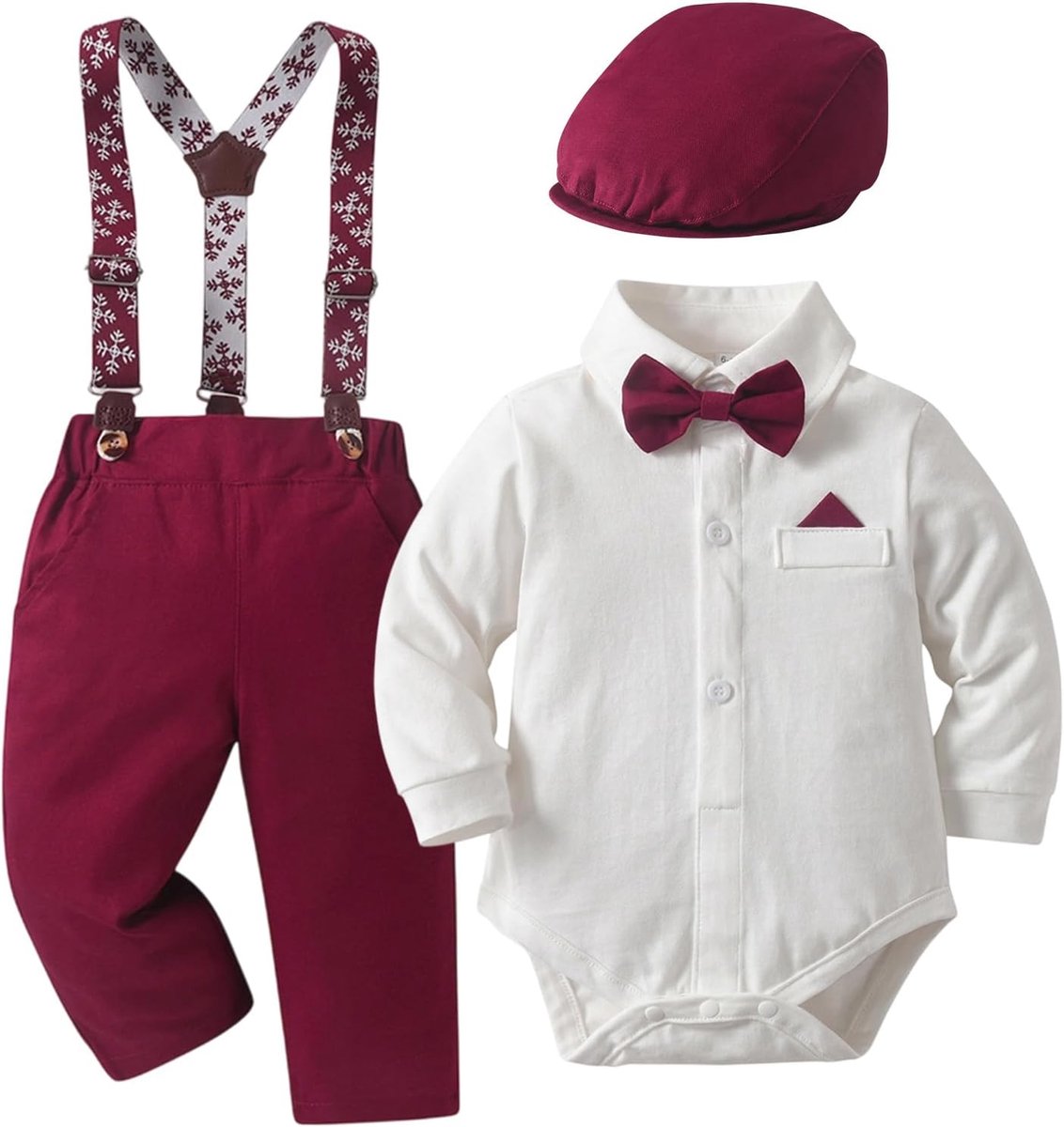Kerstoutfit voor Babyjongens met Petje, Strikdas, Romper en Bretellen - Feestelijk Pak voor Feestdagen 6-24 Maanden