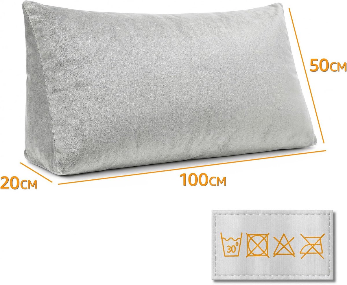 Leeskussen voor bed bank en hoofdbord 100 cm breed - groot driehoekig wigkussen rugkussen – bankkussen rugsteun lendenkussen om comfortabel te lezen in bed of tv te kijken kussen Grijs – Fluweel