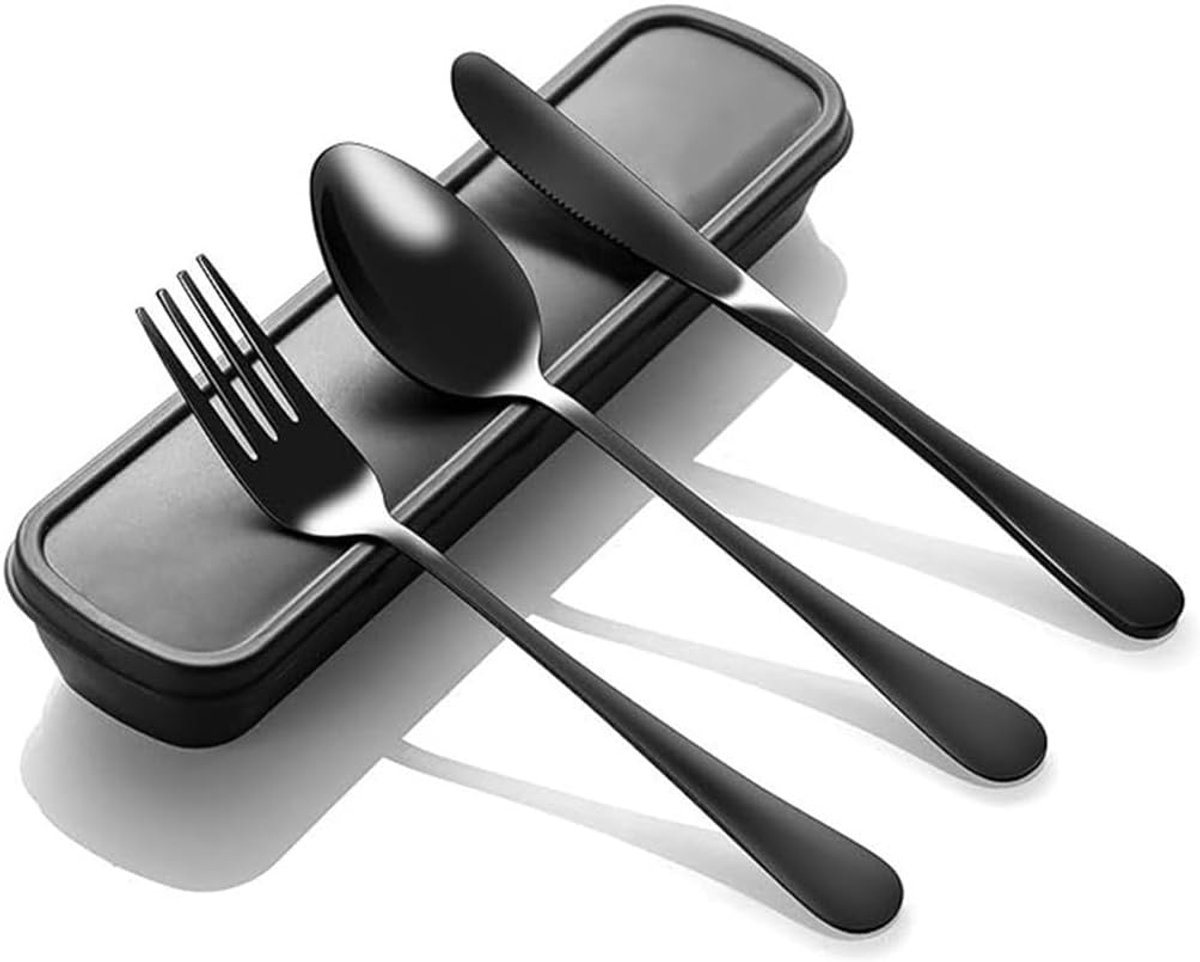 Bestekset, zwart van roestvrij staal, premium campingbestek met etui, herbruikbaar bestek voor onderweg, kantoor, picknick en outdoor, vaatwasserbestendig eetbestek, mes, vork