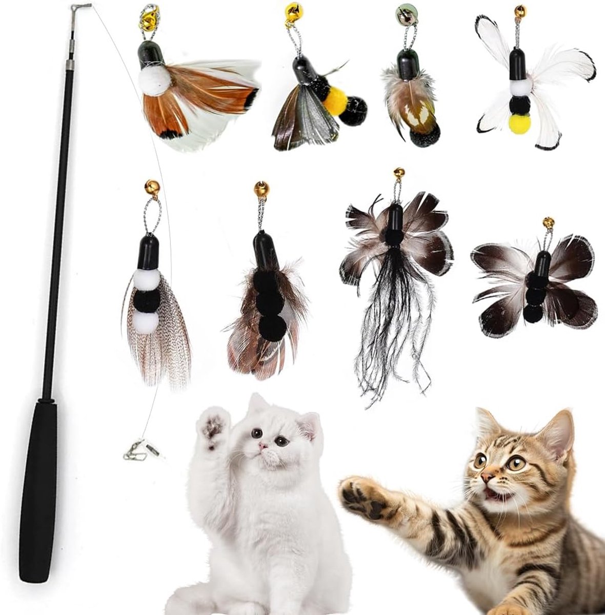9 stuks interactief kattenspielgoed met veren, 1 uitschuifbare kattenhengel en 8 vervangende koppen met insecten en veren met belletjes, hoogwaardig voor binnenshuis katten en kattenbabys