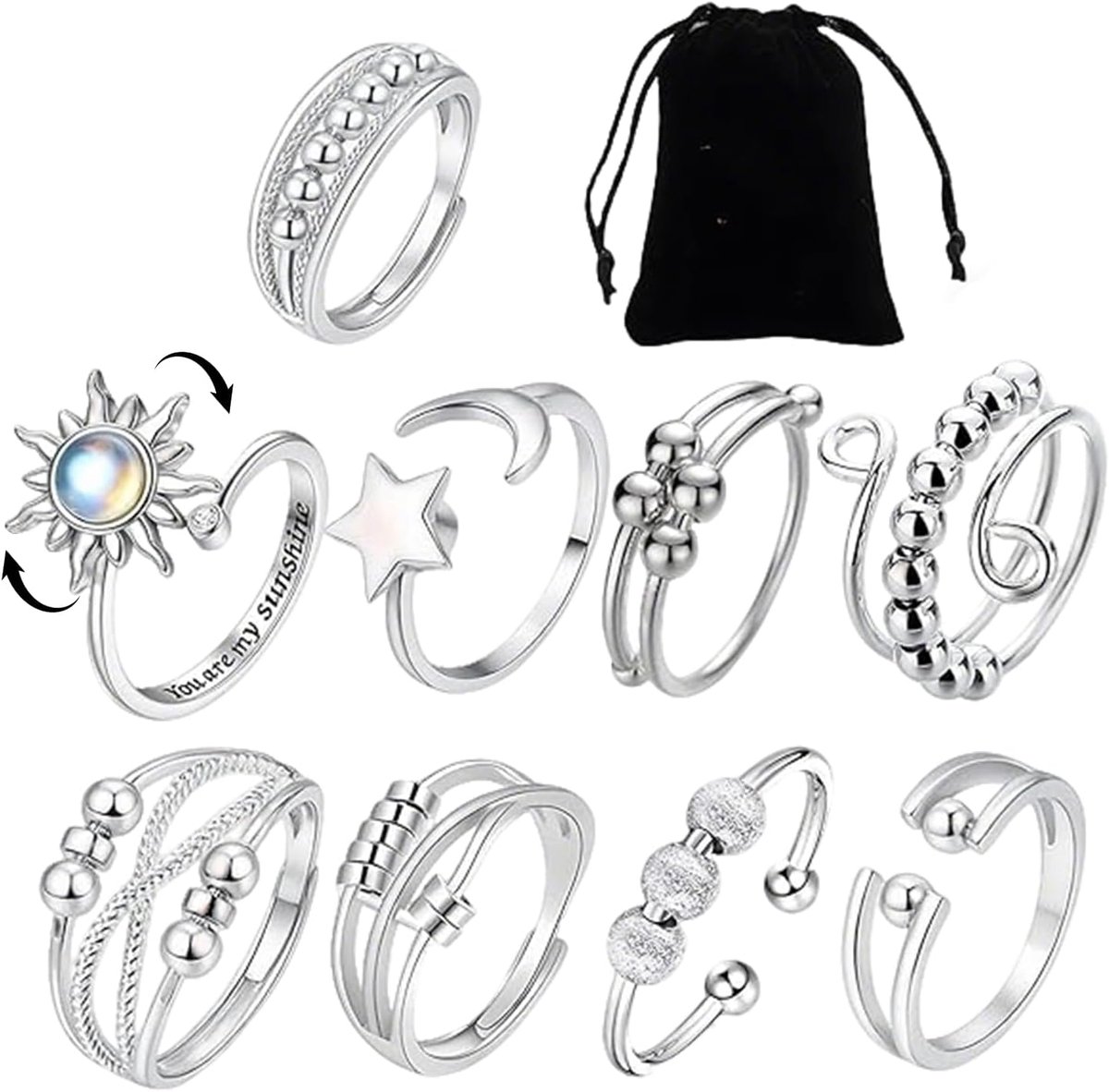Ringenset, verstelbare stapelbare anti-stress-ring met opbergtas, zilveren fidget ring voor dames en meisjes, heren, verjaardagsfeestgeschenken
