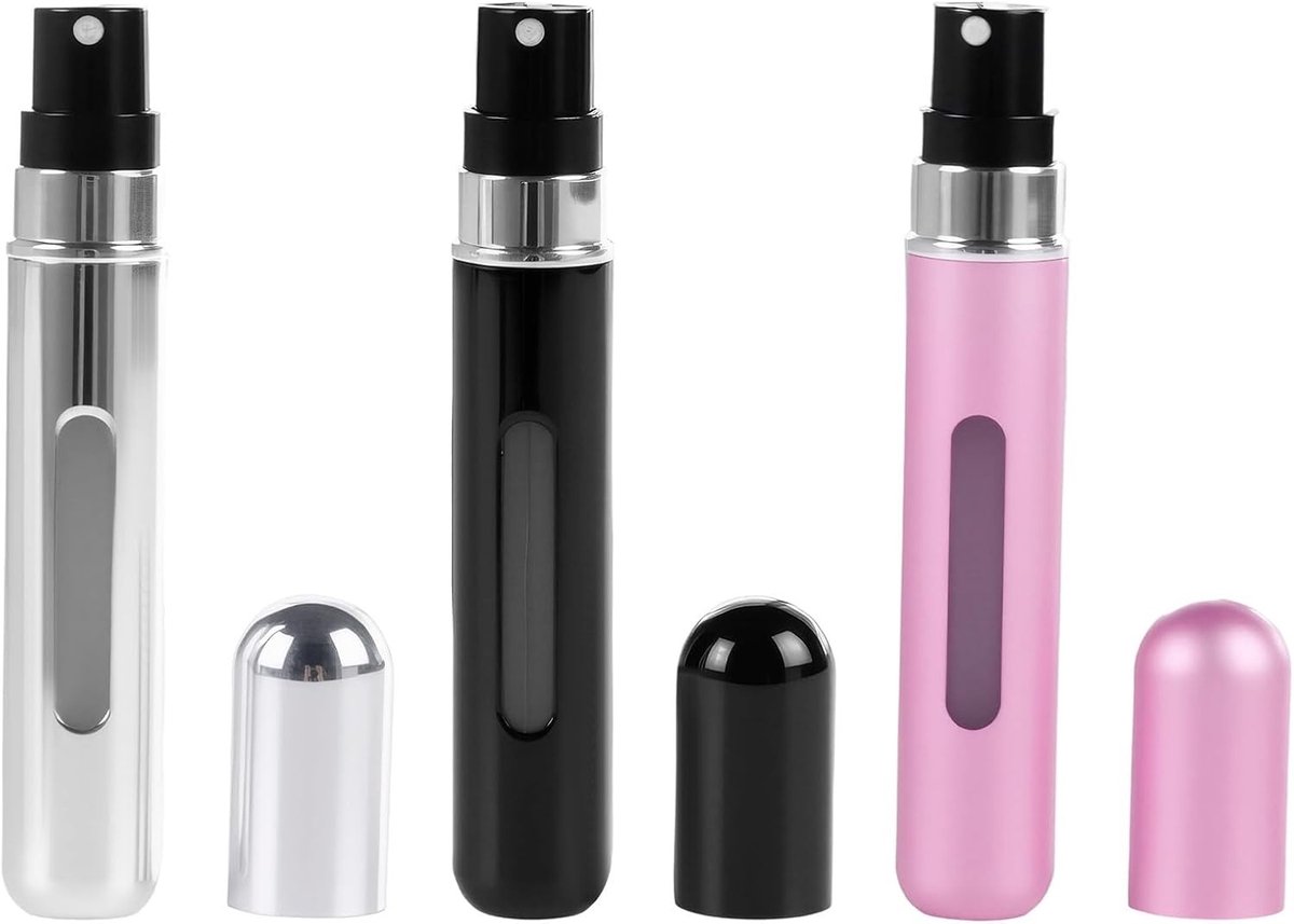 Vulbare Parfumverstuiver 10 ml voor Reizen, Lekvrije Parfumverstuiver, Herbruikbare Parfumverstuiver in Zwart, Zilver en Roze met Onderin Vulmechanisme