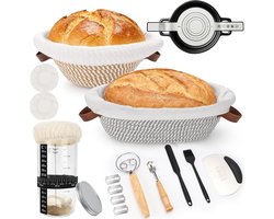 21-delige startset voor broodrijsmanden, ronde banneton van 10 inch en ovale banneton van 12 inch van katoenen touw met CSYY-broodrijsmand, gistpotje, voeringen en deksels, gereedschap voor het bakken