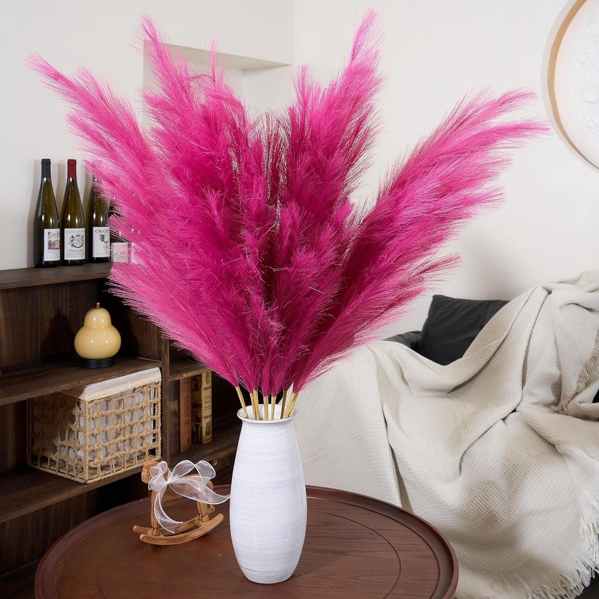 Kunstmatig pampasgras in warm roze, hoog, 8 stuks, 110 cm, zonder montage, grote kunstmatige pampasbloemen, wollig, lange kunstmatige veren bloemen voor boho woonkamer