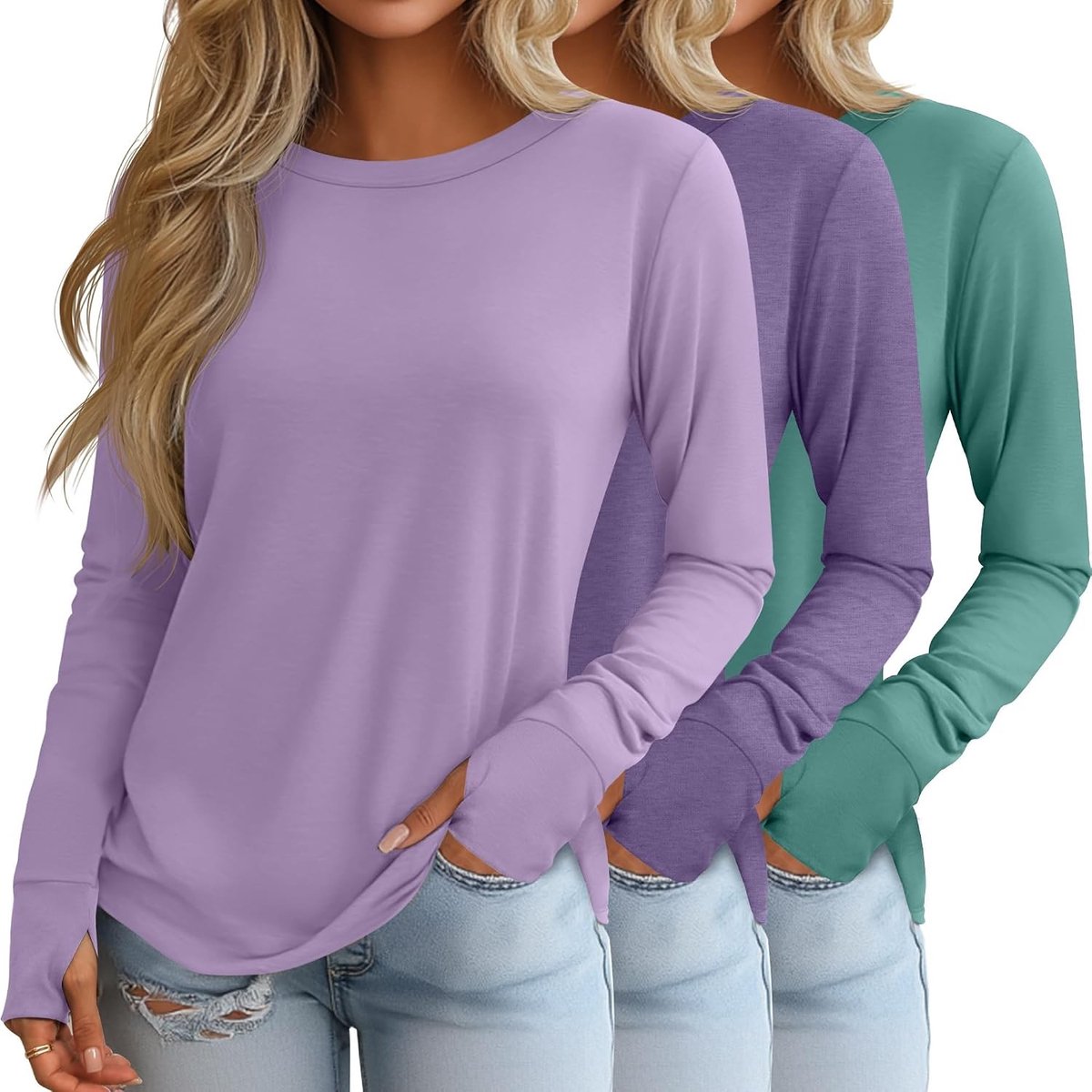 Trendy Kledingset voor Vrouwen met Lange Mouwen en Duimopeningen - Casual Tuniek Tops in Turquoise, Taro Paars en Licht Paars - Comfortabele Mode voor Elke Gelegenheid