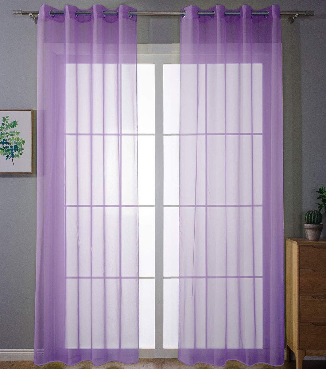 Set van 2 gordijnen met inslagringen, transparante gordijnen, voor woonkamer, voile, gordijn met ogen, loodband, H x B 245 x 140 cm, paars