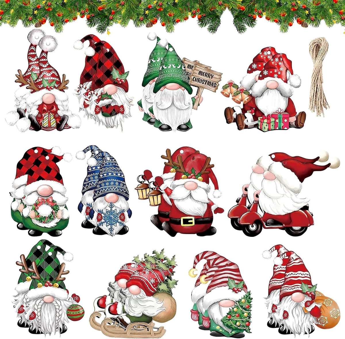 Kerstdecoratie Houten Hangers, 24 Stuks Mini Dwergen Ornamenten met Touw voor Feestelijke Versiering en Cadeau Tags