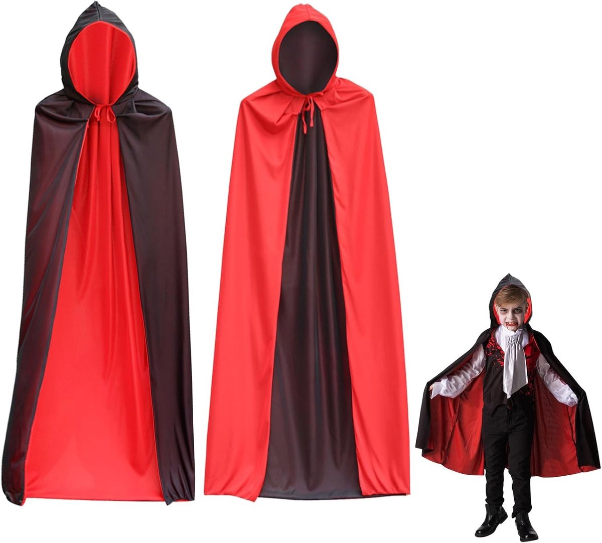 Vampier Cape voor Halloween Kostuum met Kap voor Jongens en Meisjes - Zwart Rood met 20 Tijdelijke Tattoos voor Cosplay (120 cm)