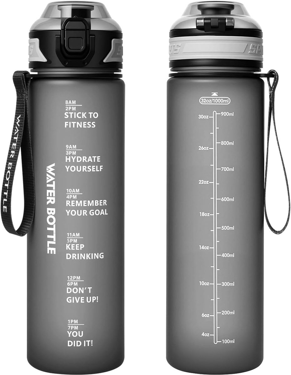 1 liter, sportwaterfles, BPA-vrij, 1 liter, met tijdmarkering, voor gym, fiets, sport, outdoor, school, werk (zuiver grijs, 1000 ml)