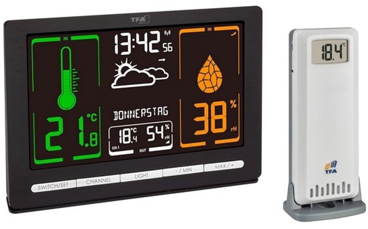 Digitaal Weerstation met Kleurenwisselend Display en Buitensensor voor Temperatuur en Vochtigheid