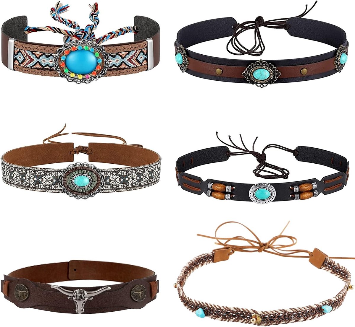 6st Cowboy Hoedenband, Westerse Hoedenband Soft Pu Leather Hoedenband voor Fedora,Strohoed, Cowboyhoed(6 Stijlen)