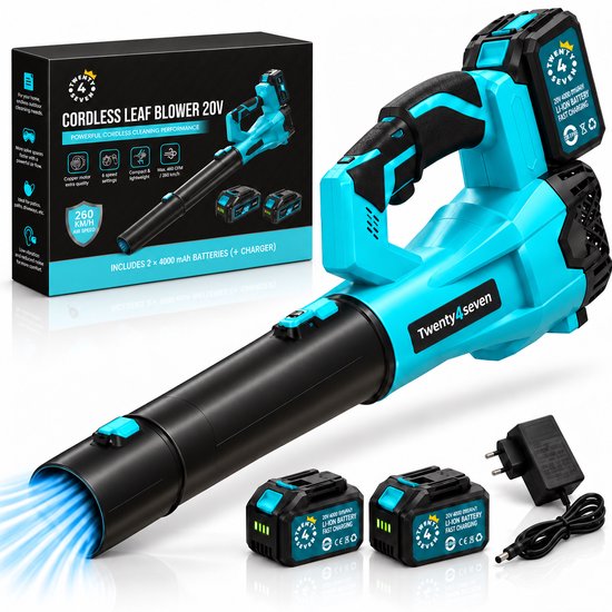 Twenty4seven® Accu Bladblazer - 20V & Draadloos - Met 2 Accu's 3000mAh & Oplader - 260 km/u & 450 CFM - 6 Standen - Voor Tuin, Bladeren & Sneeuw