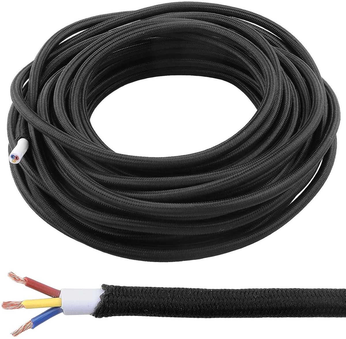10 M 3 x 0,75 mm² Textielkabel voor Lampen in Zwart