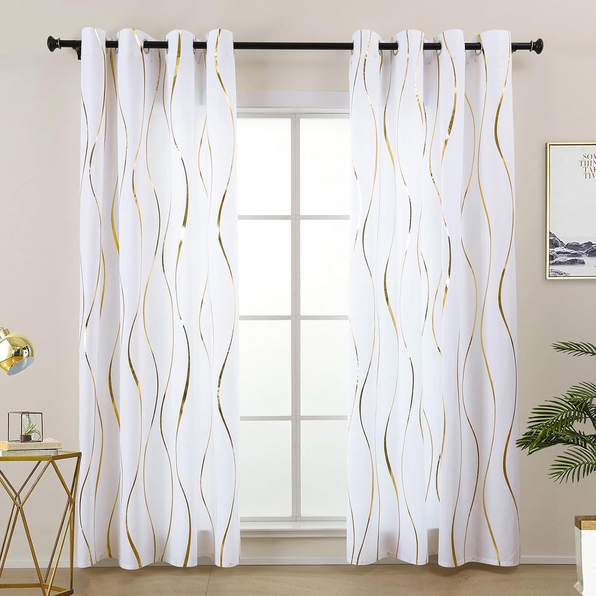 Gordijnen, kort, goud-wit raamgordijn, inkijkbescherming, voor slaapkamer, woonkamer, raam, set van 2 ogen, lichtdoorlatend, in goud wit, 140 x 145 cm lang (LZE2251E-WG145)