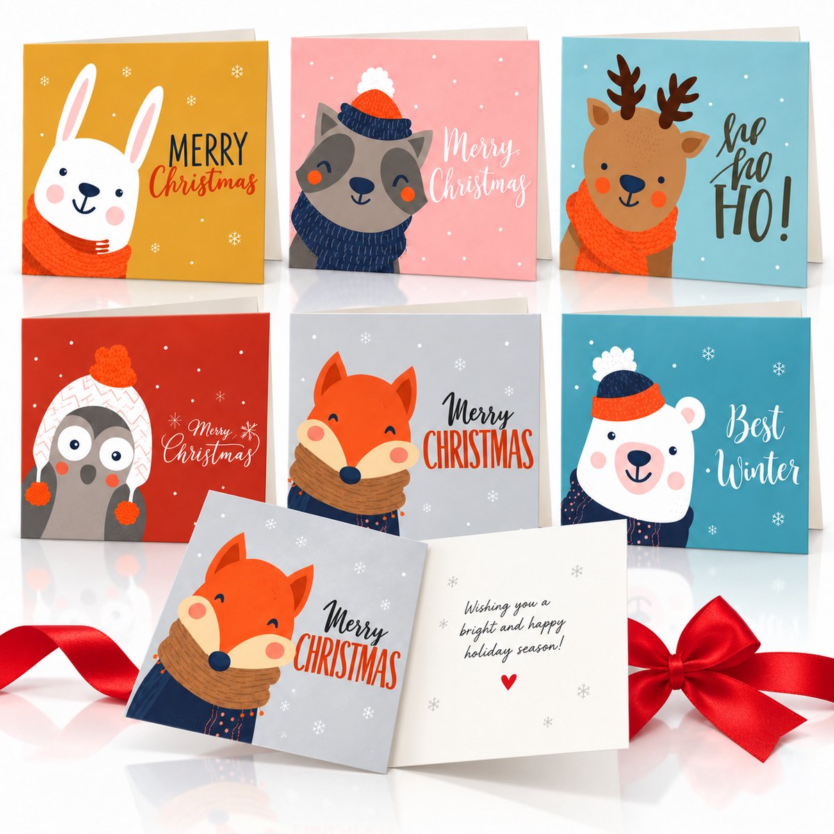 Twenty4seven® Kerstkaarten 6 Stuks met Dieren - Met Enveloppen - Luxe Kerst Wenskaarten 15x10 cm - Nieuwjaarskaarten & Ansichtkaarten