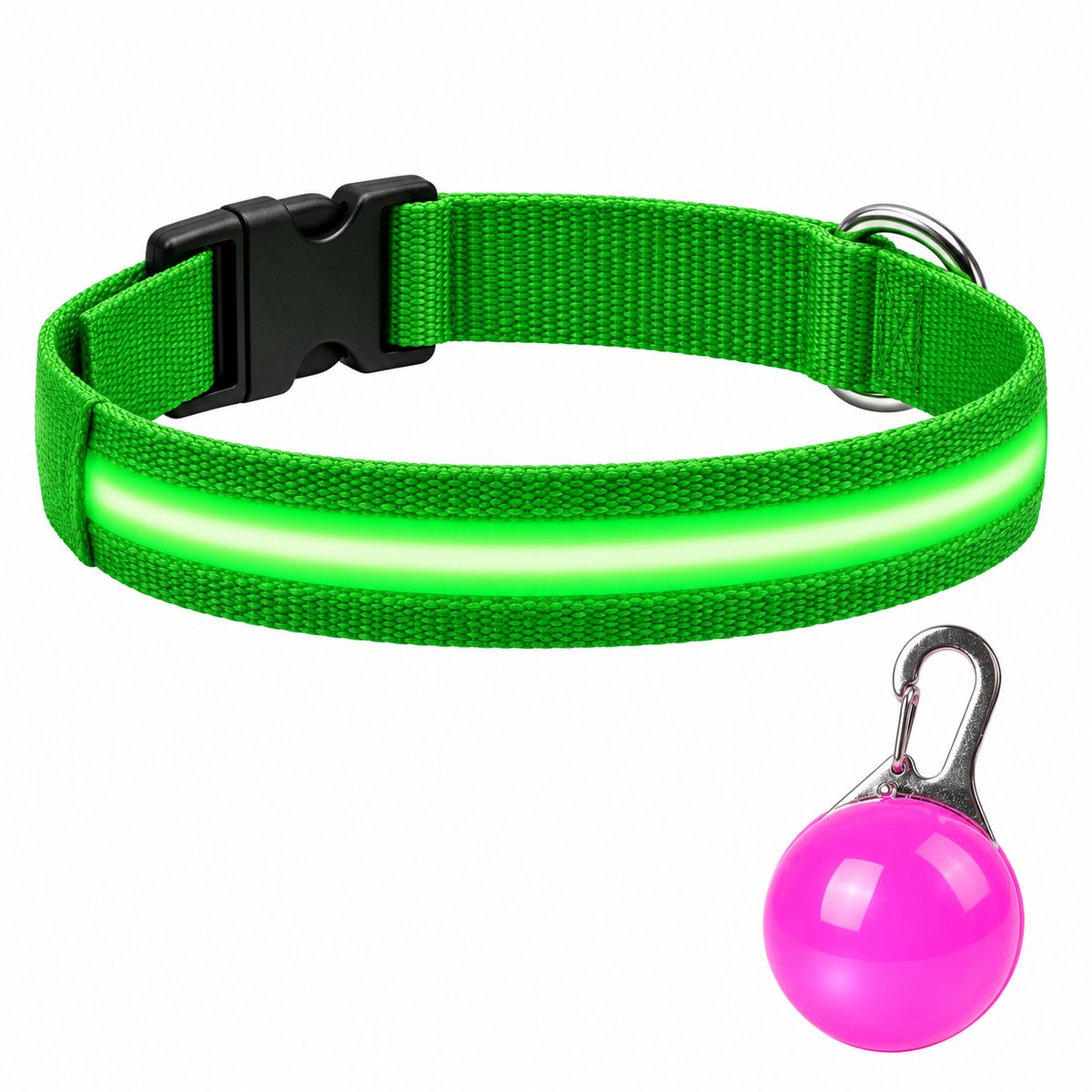 Professor Q LED Halsband Hond - Groen XS (28–32 cm) - Roze LED Lampje - Nylon USB Oplaadbaar