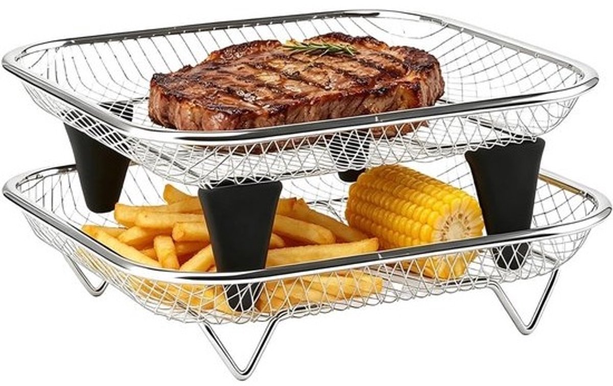 Airfryer Mand - Roestvrijstalen Plank - Maaltijd Voorbereiding - Stapelbaar Ontwerp - 2-delig - Zilver