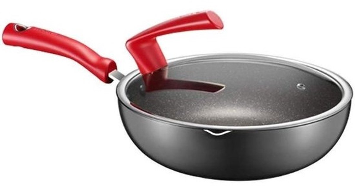 Wokpan Platte Koekenpan - Grote Capaciteit - Lekker Koken - Maifan Steen - 28cm - Zwart