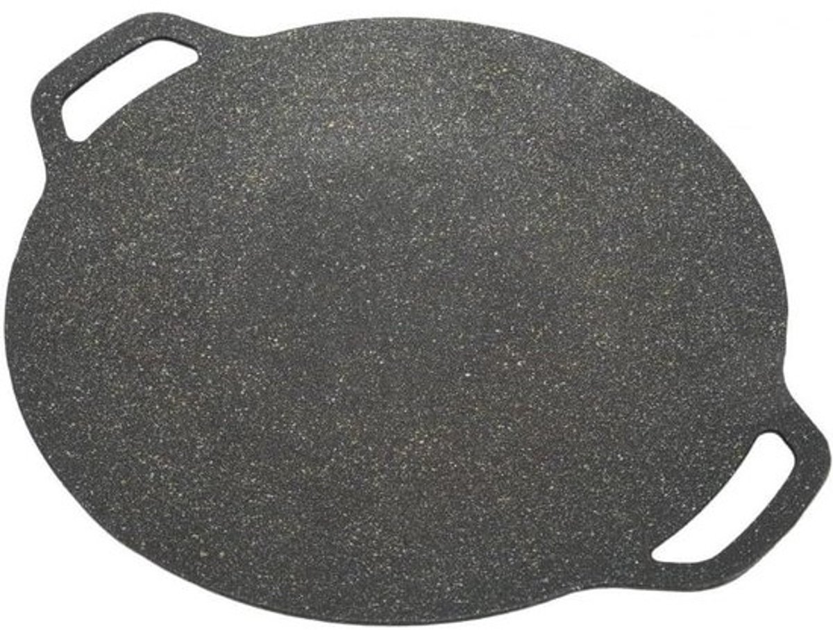 Ronde grillpan van gietijzer, gebogen vorm, geribbelde textuur, dubbele handgrepen for kamperen, gietijzeren koekenpan, gietijzeren pan, koekenpan, perfect for vlees, biefstuk, vis en groenten,(L)