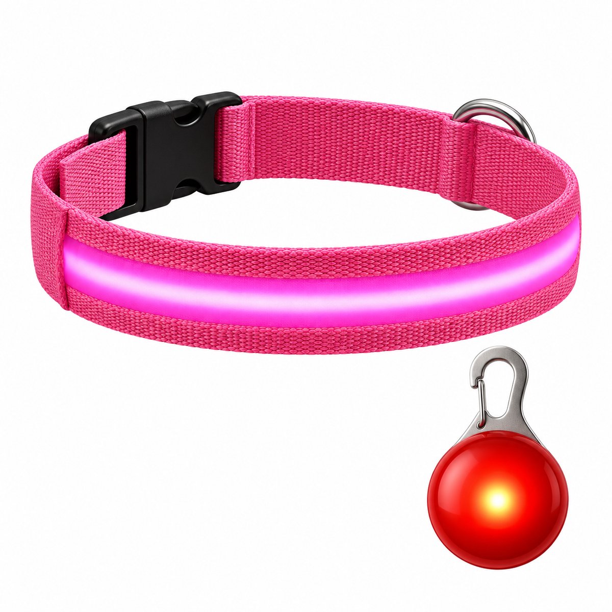 Professor Q LED Halsband Hond - Roze S (34–41 cm) - Rood LED Lampje - Nylon USB Oplaadbaar