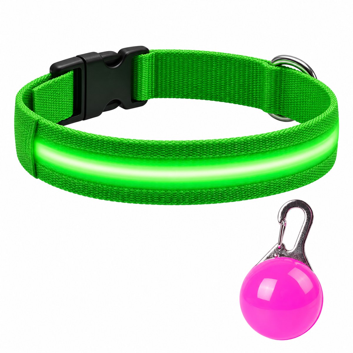 Professor Q LED Halsband Hond - Groen L (41–52 cm) - Roze LED Lampje - Nylon USB Oplaadbaar