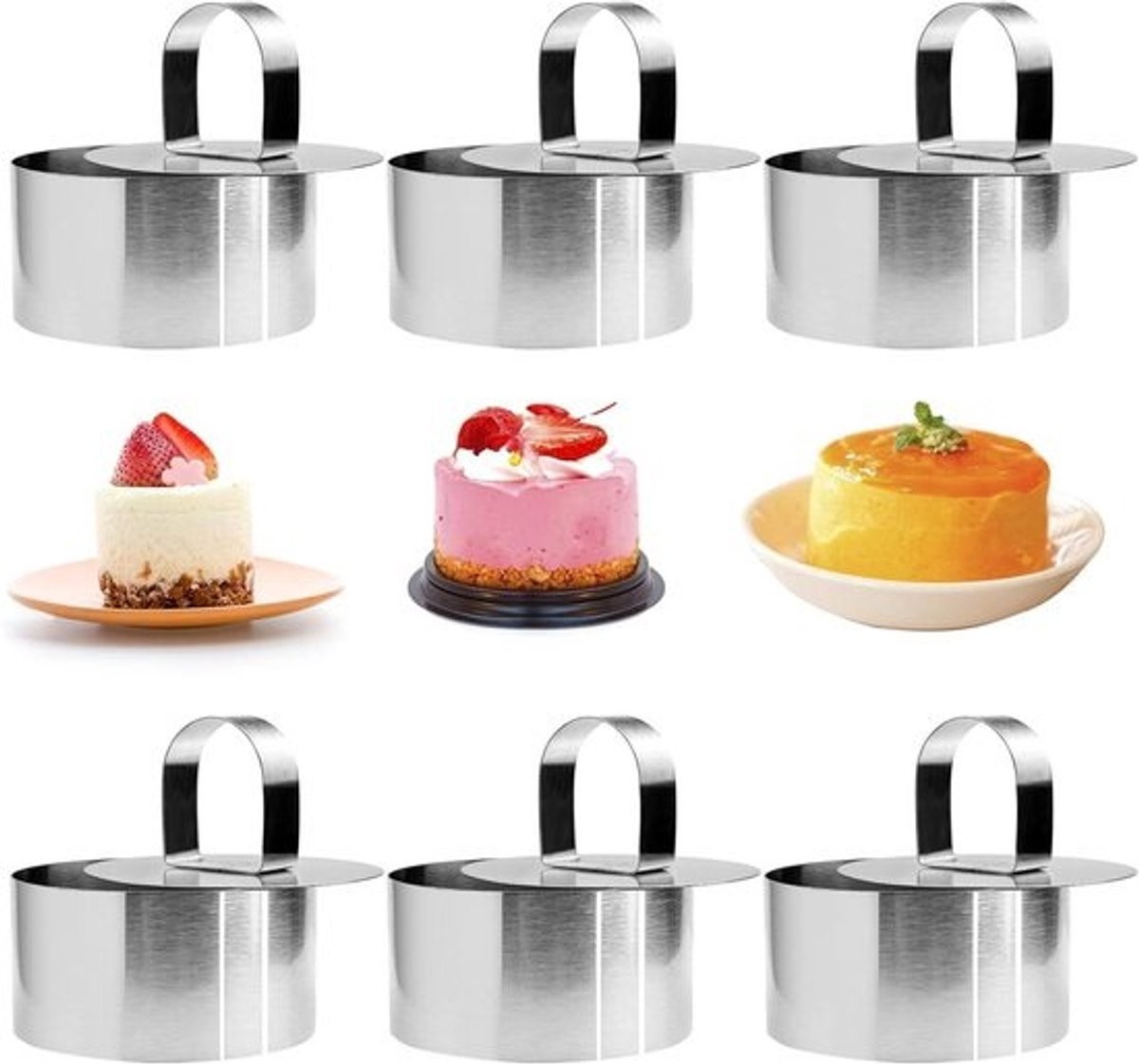 Dessertringen Set - Taartringen Mousse - Presentatie Bakwerk - Met Perslifter - 6 Stuks Ø 8cm - Zilverkleurig