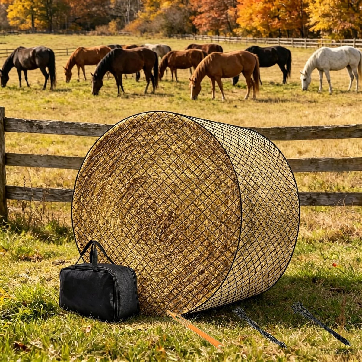 Hooiennet voor paarden, 5 x 5 ft, robuust, slijtvast hooinet, ronde bollen voor paarden, voor diervriendelijke voeding, groot ronde balnet geschikt voor hooirui, 45 x 45 mm mazen voor langzaam eten