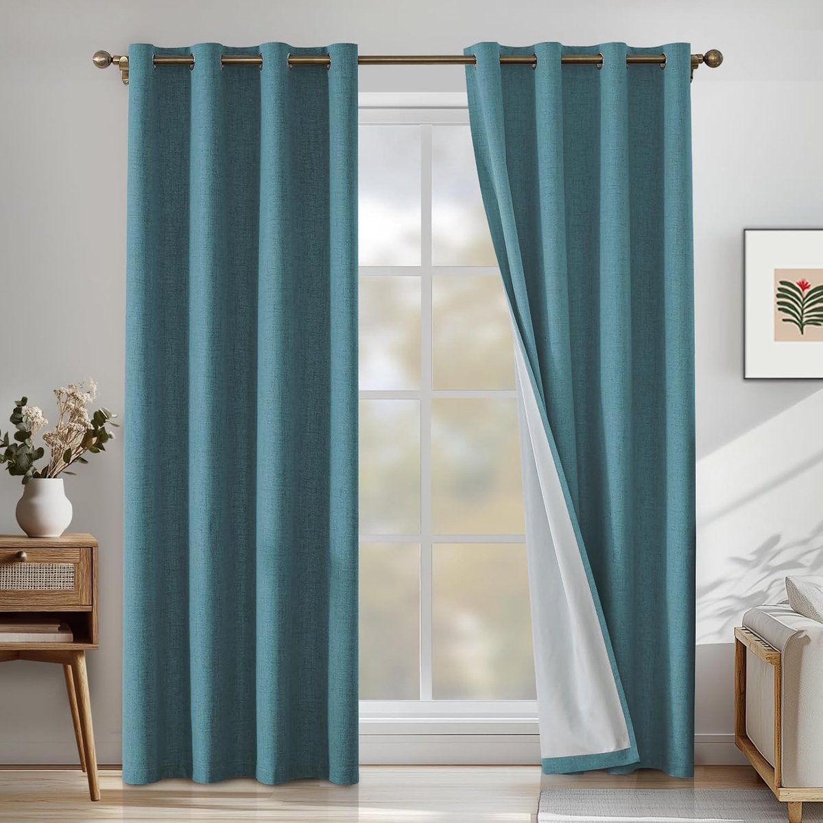 100% Verduisterend Linnen Effect Gordijnen Set Van 2, 140x300cm, Ondoorzichtig Warmte-Isolerende Thermische Gordijnen Met Ringen, Geluidsbescherming, Voor Slaapkamer Woonkamer, Zwart