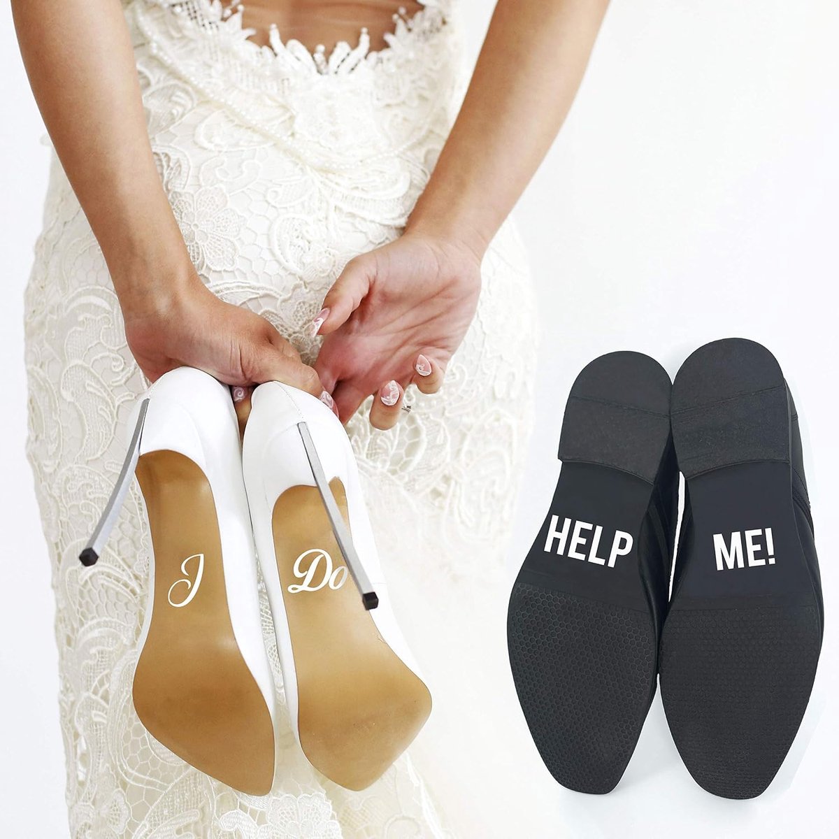 schoenstickers bruiloft set schoenstickers opschrift"I Do" en"Help Me!" voor bruid en bruidegom, stickers, schoenstickers wit