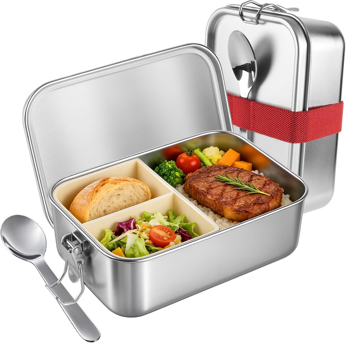 Broodtrommel van roestvrij staal met vakken, lekvrije lunchbox met lepel, 1000 ml, waterdicht, duurzame Bento Box met afdichtingen voor picknick, school, werk
