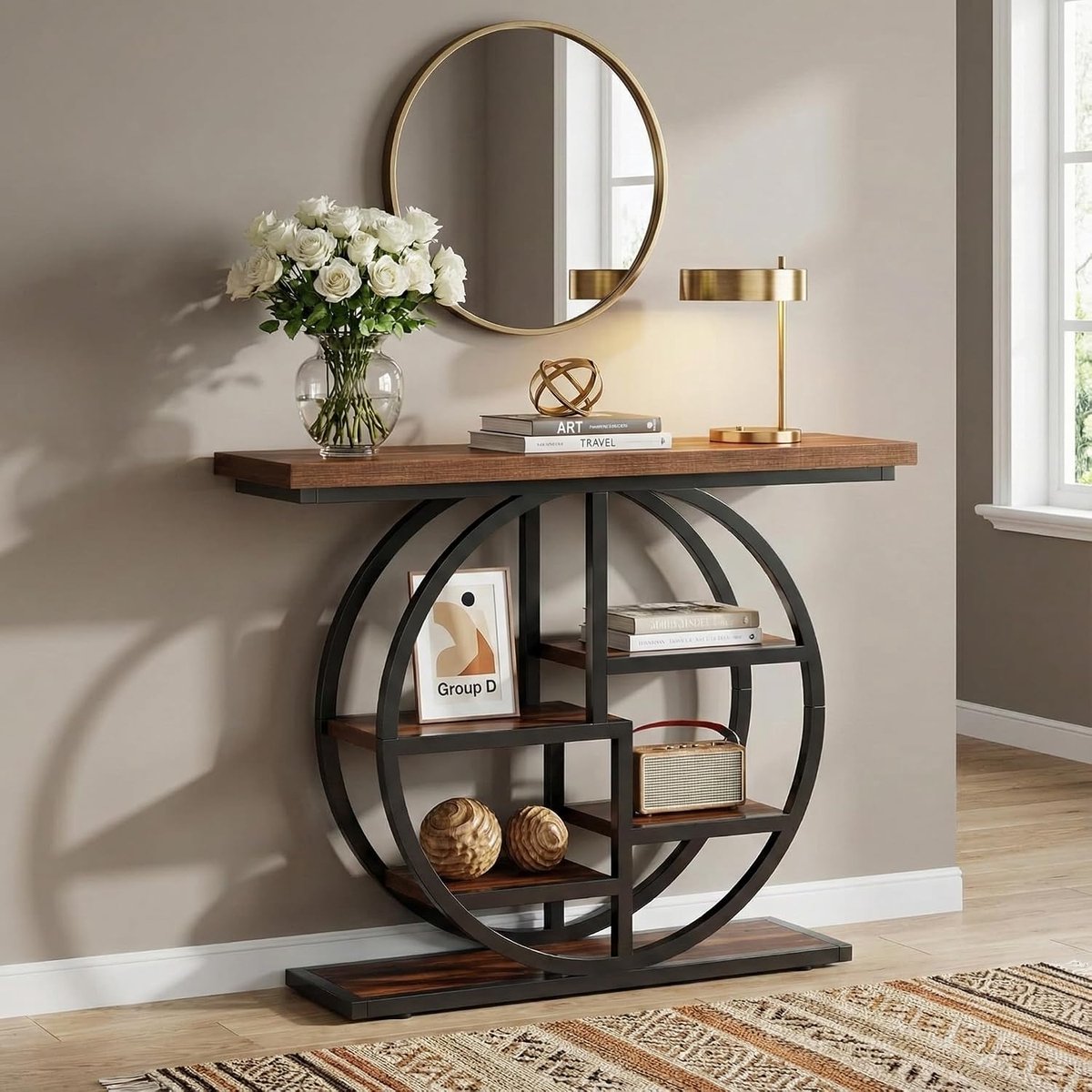 105cm Console Table, Halfronde Tafel, Sidetable Industrieel, Houten Consoletafel, Hallway Table For Entryway, Narrow Sofa Table, 105 x 30 x 81 cm, Rustic Brown