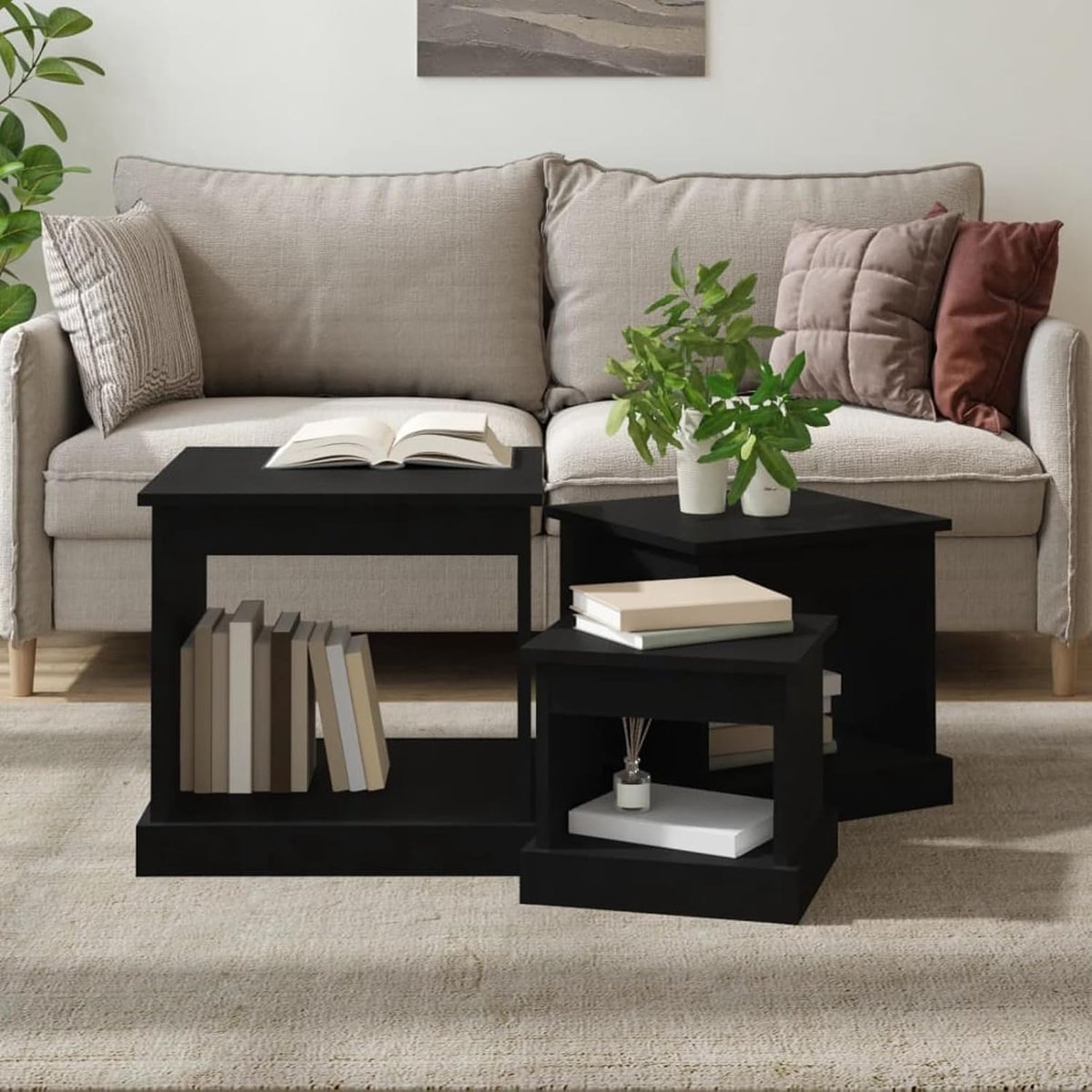 Salontafelset, 3 stuks, bijzettafel, zijtafel, telefoontafel, salontafel, woonkamertafel, koffietafel, banktafel van hout voor slaapkamer en woonkamer