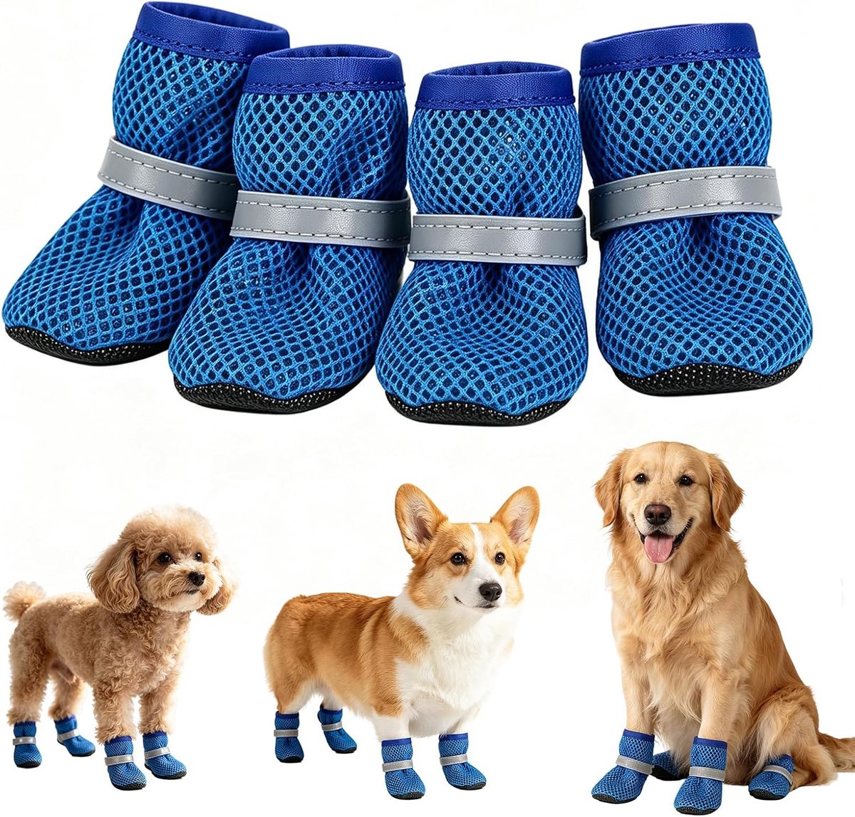 Schoenen voor de zomer, mesh, ademende antislip hondenschoenen met reflecterende strepen, licht en comfortabel voor warme zomervloeren (blauw, L)