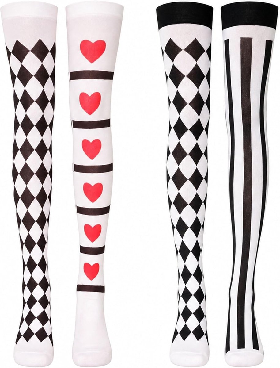 Overkniekorpen met hart-diamant patroon, zwart-wit, 2 paar, gestreepte Harlekin strumpjes voor Karneval, Halloween, circus kostuum, cosplay, zacht en elastisch en langdurig