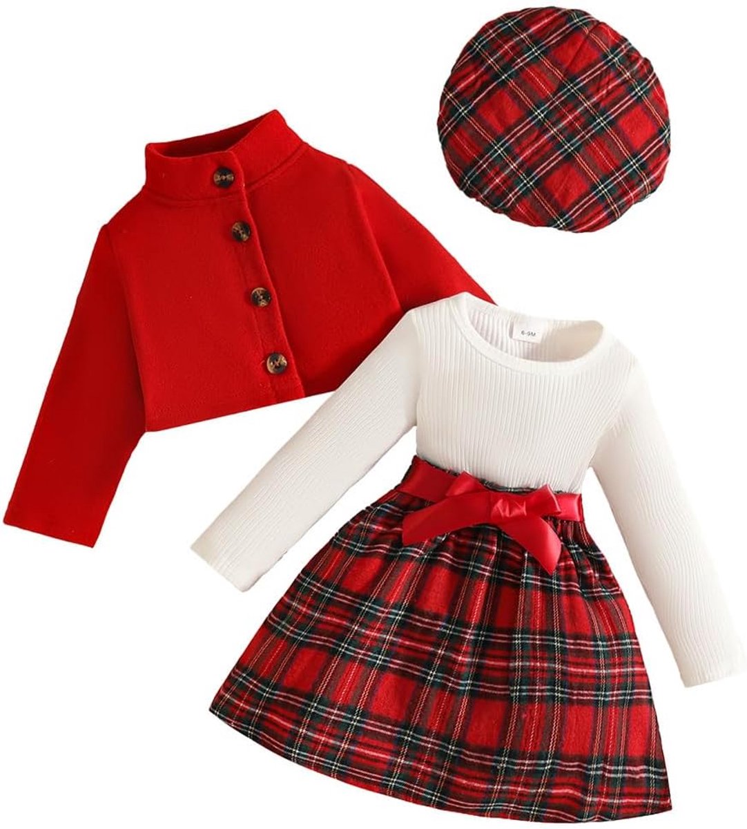 Geruite geribbelde jurk voor babymeisjes, jas en baret, 3-delige outfit