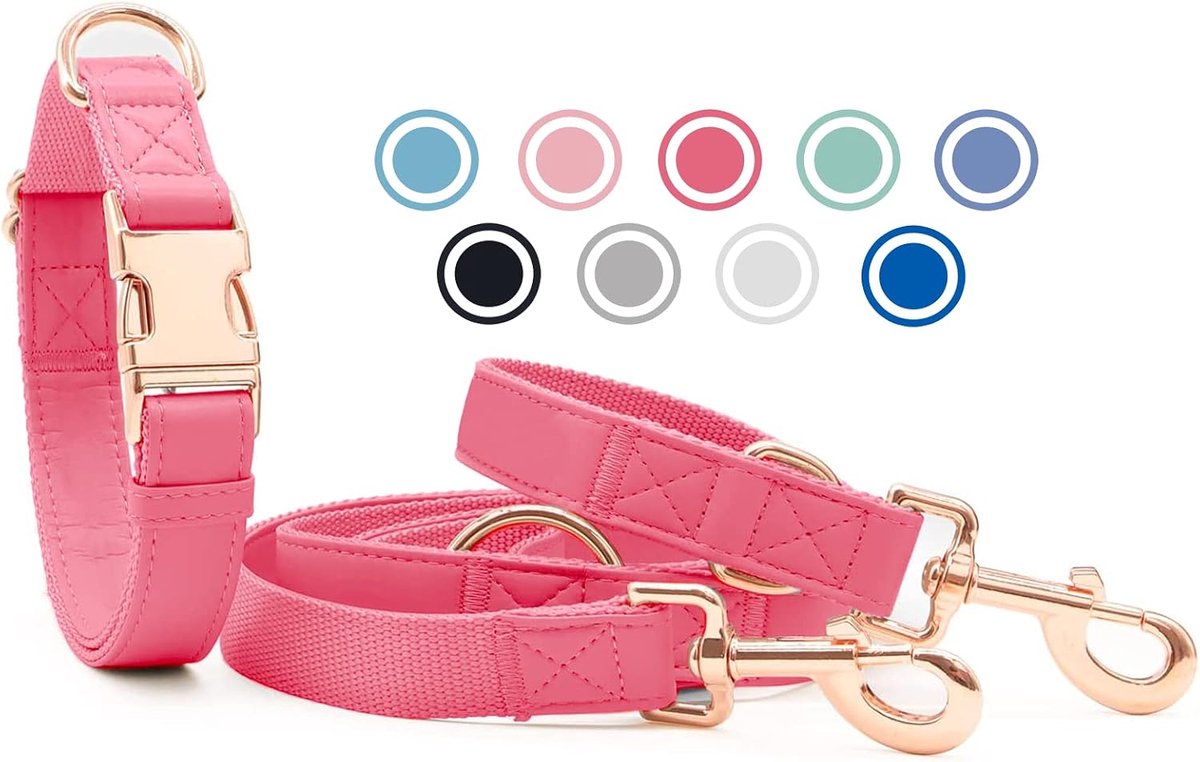 Lederen hondenhalsband en riem (2 m) set - 3-voudig verstelbare hondenriem met halsband, stijlvolle roségouden metalen gesp & nylon hondenriem voor puppy's kleine middelgrote honden roze,L