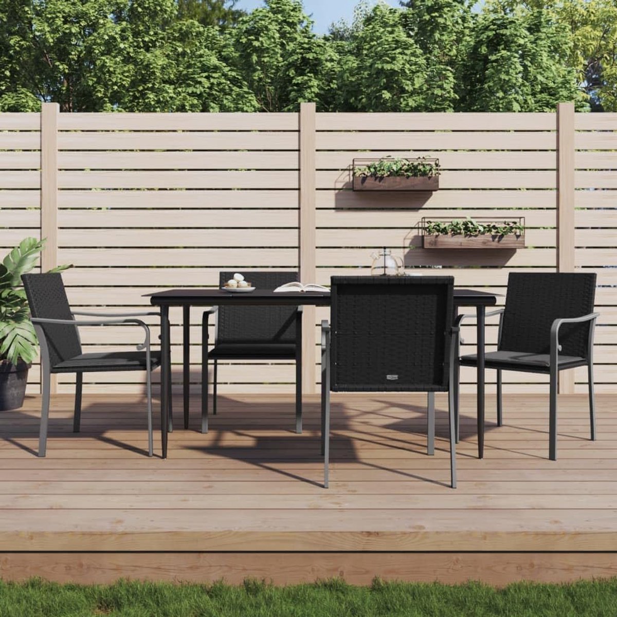 Tuinstoelen met kussens, 4 stuks, zwart, 56 x 59 x 84 cm, van polyrotan, stoelen, eetkamerstoelen, tuinstoelen, tuinstoelen, buitenstoelen, J3187075