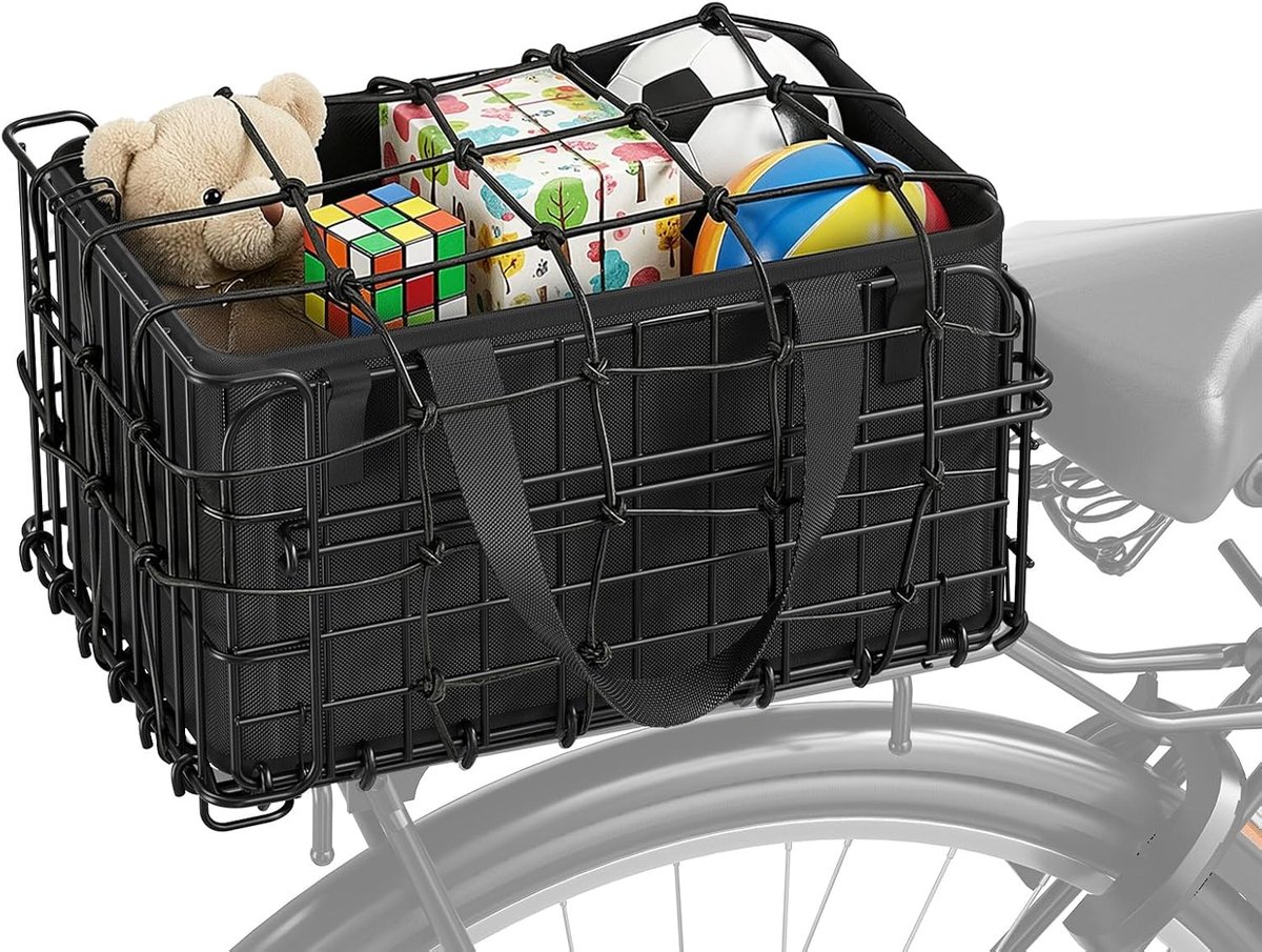 Achter, Pro grote fietsmand van metaal, sterk, robuust, met waterdichte voering en bagagenet, universele pasvorm voor volwassenenfietsen, e-bikes, voor fietstochten, 38 x 27 x 22 cm