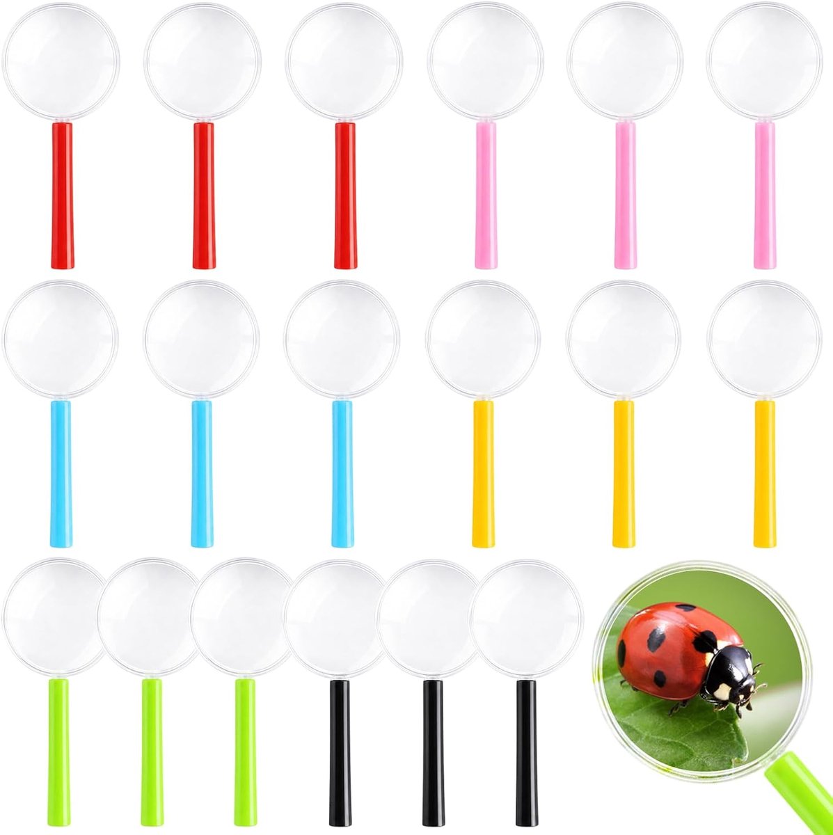 18-delige vergrootglas voor kinderen, 6 kleuren, mini-vergrootglas voor kinderen
