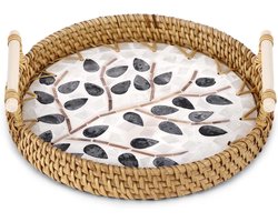 Dienblad, rond handgeweven dienblad in vintage-stijl met handvat en schelpdecoratie, decoratieve opbergmand voor fruit, brood, koekjes, snoep, sieraden