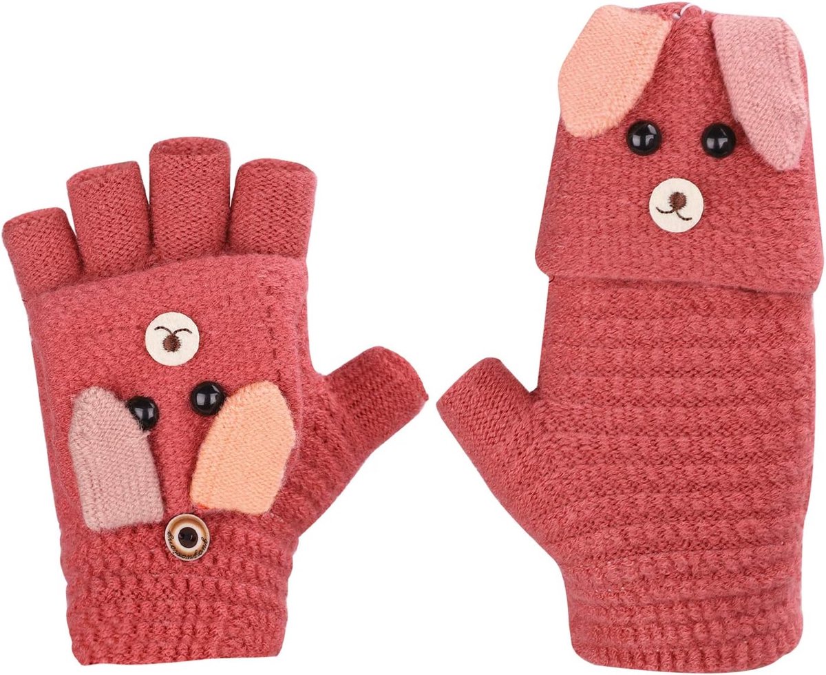 Handschoenen voor kinderen, winter, warme gebreide handschoenen, pluche voering, winterhandschoenen in konijnenlook, rood, One size