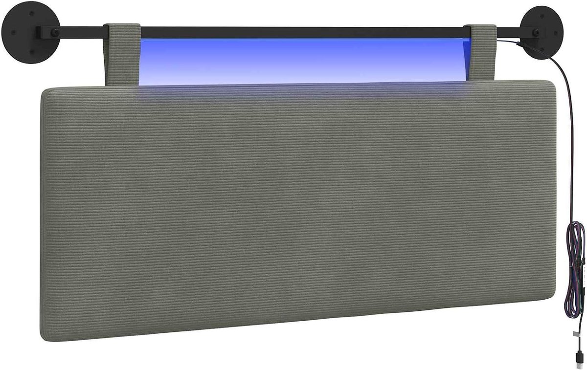Hangend hoofdeinde met ledlicht, lichtgrijs, corduroy, gestoffeerd hoofdeinde voor bed, hoofdeinde voor boxspringbedden, slaapkamer, 3424290