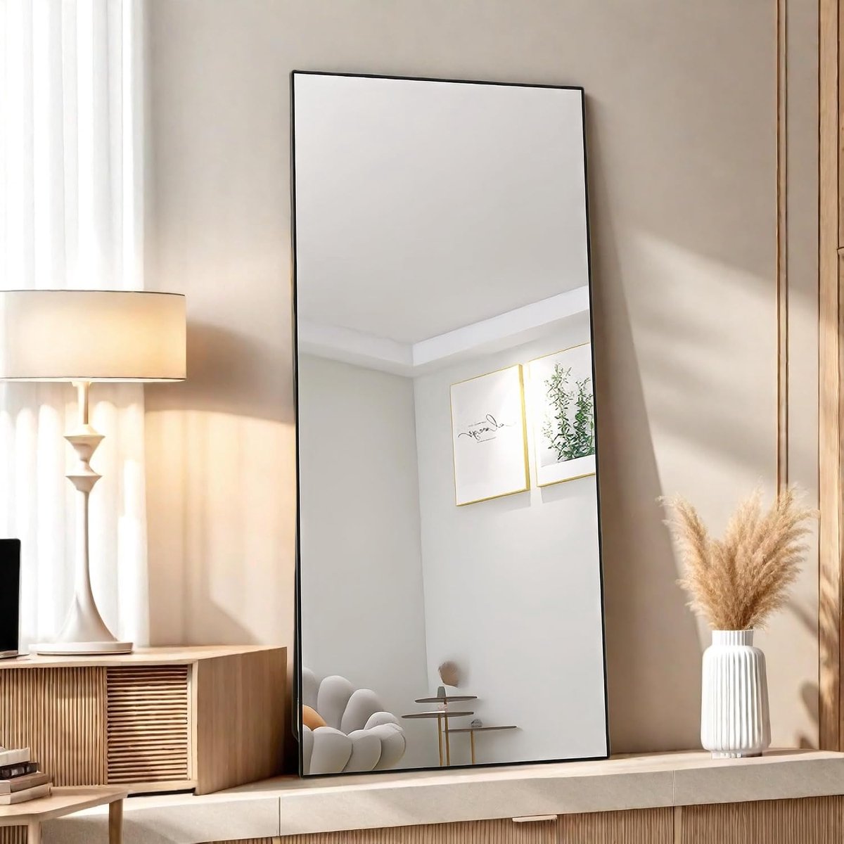 Spiegel, 180 x 80 cm, rechthoekige staande spiegel, grote vloerspiegel, frame van aluminiumlegering, gehard glas, voor slaapkamer, woonkamer, kleedkamer (zwart, 180 x 80 cm)