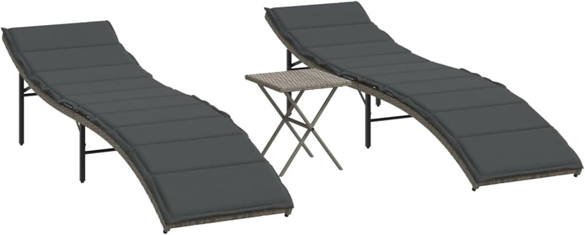 2 stuks, met theetafel, grijs, PE-rotan en gepoedercoat stalen frame, 3-voudig verstelbaar, weerbestendig, uv-bestendig, voor tuin, terras, balkon