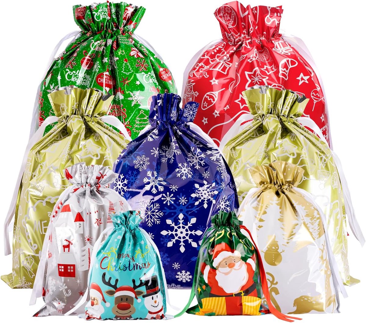 Cadeauzakjes voor Kerstmis: 20 grote kerstcadeauzakjes met trekkoord in 8 designs, aluminium zakjes voor feestelijke cadeauverpakkingen en decoraties