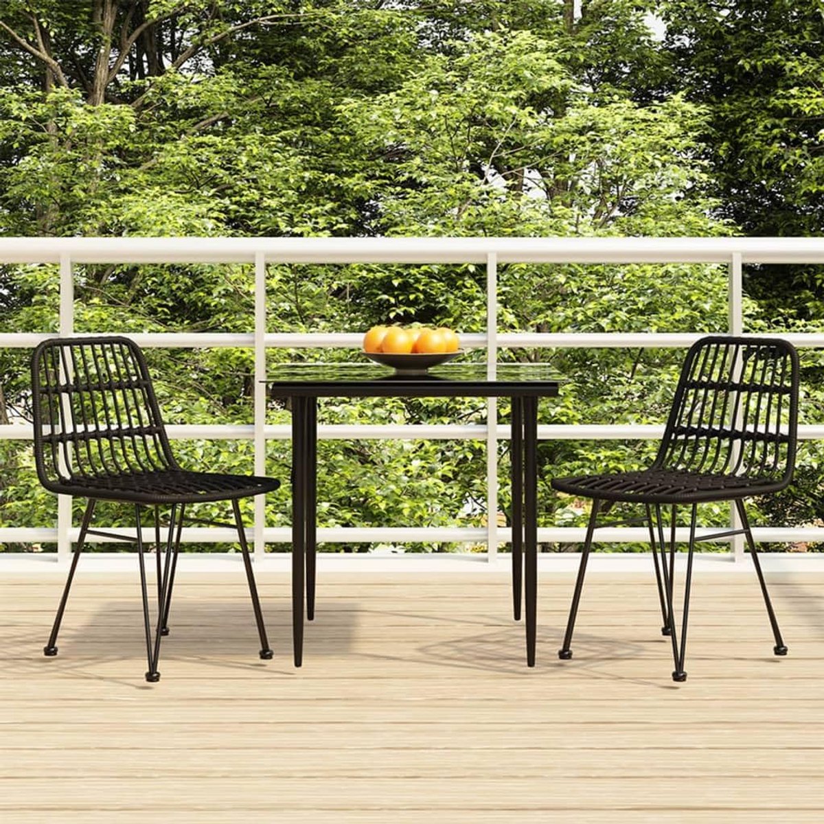 3-delig. Tuineetset zwart polyrotan met eettafel van gehard glas en stalen frame, inclusief twee stoelen met rugleuning voor comfortabel zitten, maximale belastbaarheid 110 kg