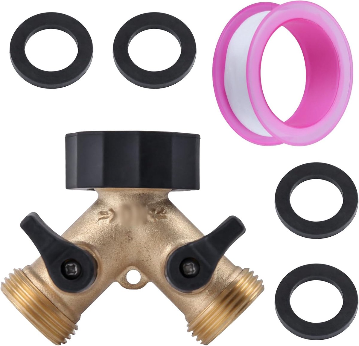 2-weg Heavy Duty Messing Connector Tap Splitter Y Splitter 2 kleppen tuinslang adapter voor waterkraan, uitlaat en kraan, inclusief 4 extra rubberen ringen en teflontape