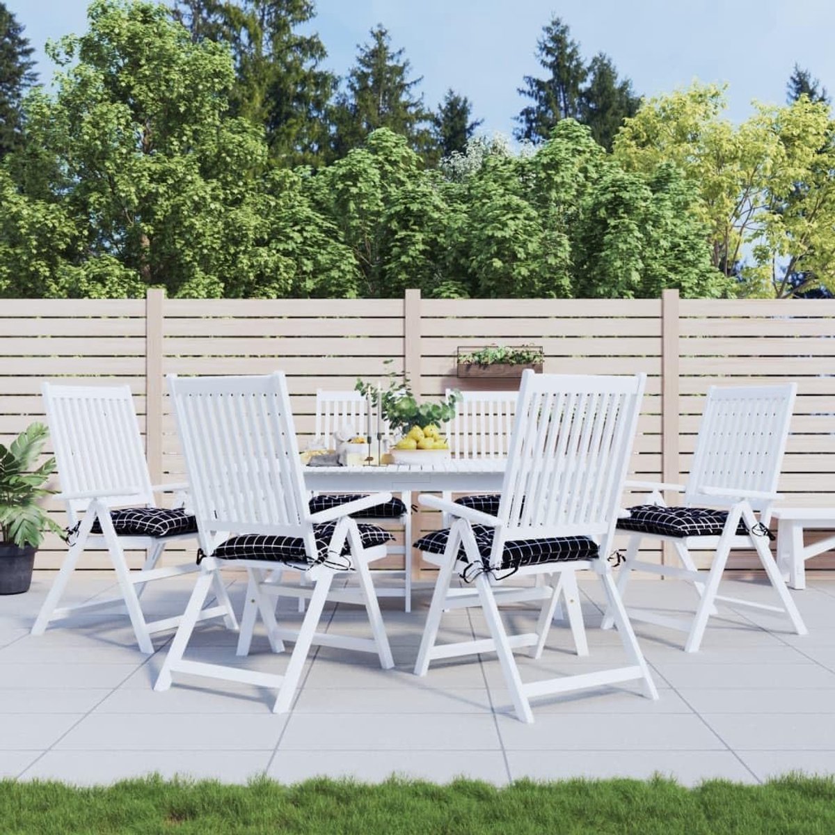Stoelkussens, 6 stuks, waterafstotend voor tuinmeubelen, zwart ruitpatroon, 50 x 50 x 7 cm, Oxford-weefsel met PP-holle vezelvulling en antislip koorden
