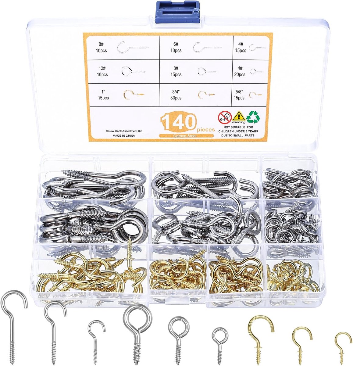 140-delige schroevenset, assortiment schroefhaken, roestvrijstalen schroefhaken om te schroeven, ogenschroeven met houten draad, ooghaken schroefogen ringschroeven voor kopjes, lampen, decoratie