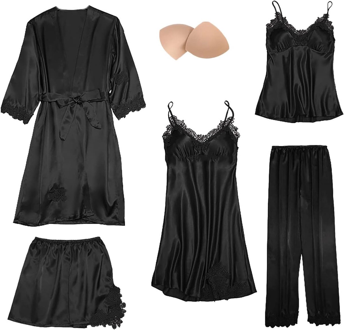 5-delige satijnen pyjamaset, kanten kimono, robe pyjamaset, sexy negligé, shorts en lange broek, nachthemd, 5-delige set, met borstvulling